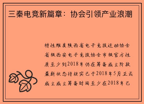 三秦电竞新篇章：协会引领产业浪潮